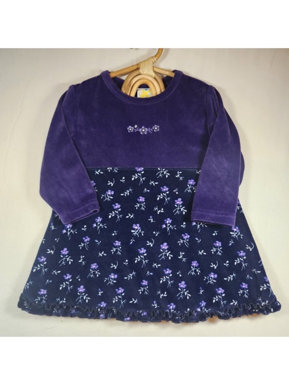 Kindergear Girls Purple Velour Floral Long Sleeve‎ Dress 24M Ruffle Hem
